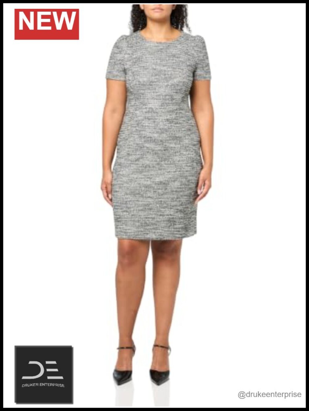 Tweed Short Sleeve Sheath Dress Knee-Length Business Casual